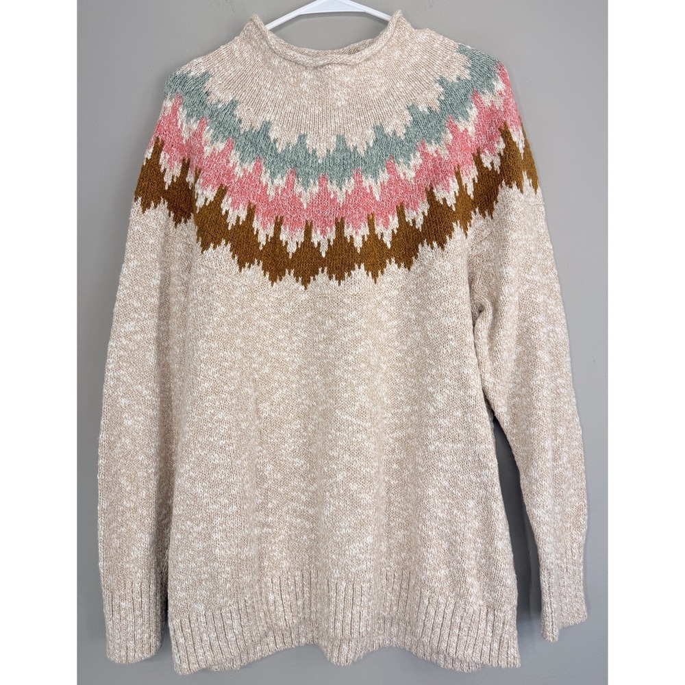 LL bean Women's XL Roll Neck Sweater Fair Isle Nordic Cotton